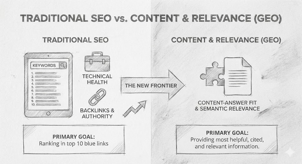 Conceptual diagram illustrating the transition from search engine optimization to answer engine optimization with AI-powered conversational search interfaces